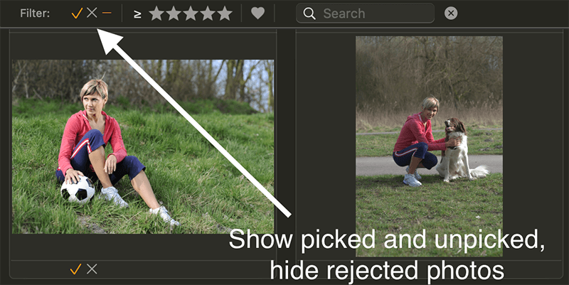 Manage photos on Mac. Filter picked and rejected photos in Photo Sense.