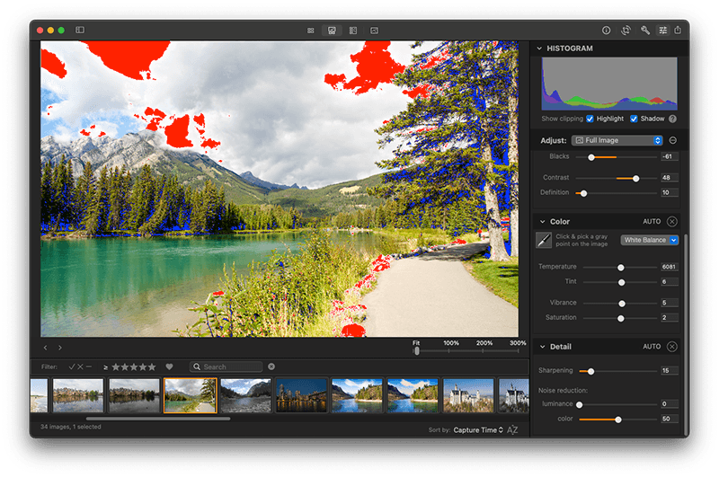 Edit photos on Mac with Photo Sense: Show clipping overlays to evaluate the image exposure
