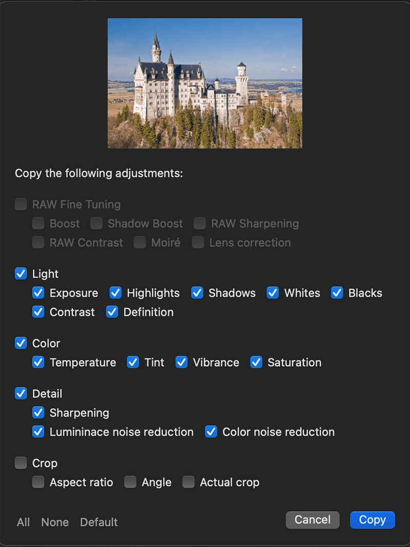 Copy adjustment settings in Photo Sense, Lightroom alternative for Mac