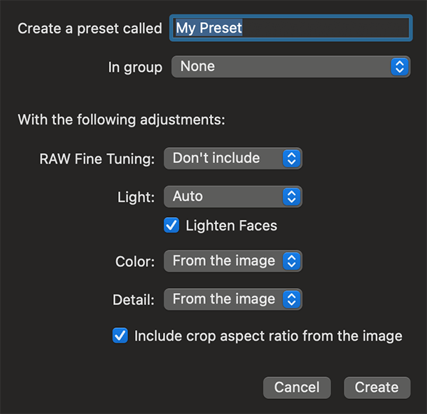 Create a photo editing preset on Mac in Photo Sense