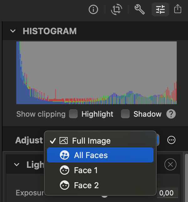 Edit photos on Mac with Photo Sense:  adjust the full image, all faces, or individual detected faces