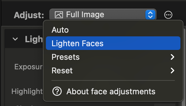 Edit photos on Mac: Lighten Faces in Photo Sense